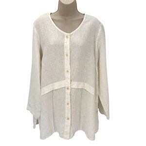 NWOT Flax Womens White Linen Button Front Blouse Long Sleeve Relaxed Fit Size M